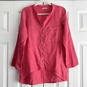Angela Mara Italy Pink Linen Look Tunic Top Button Front High Low Lightweight